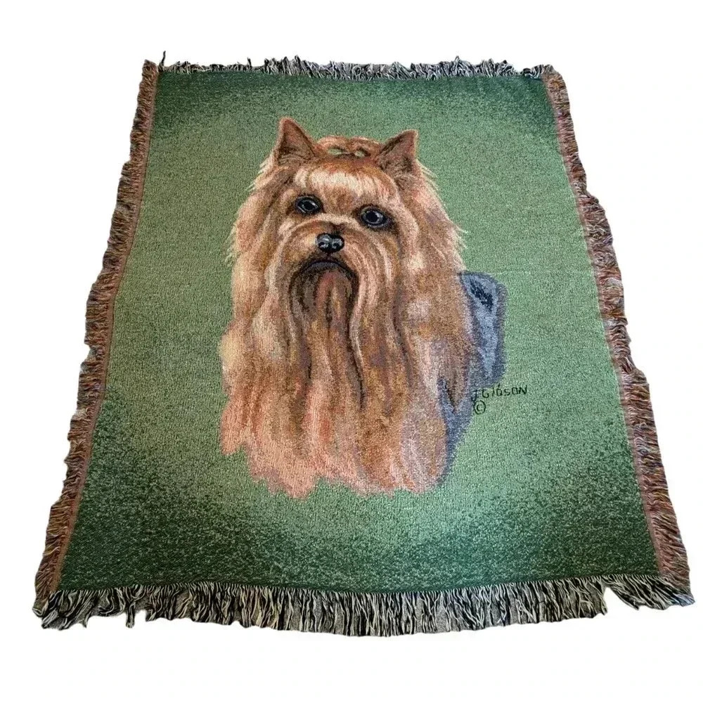Judy Gibson Yorkie Yorkshire Terrier Dog Tapestry Throw Blanket Fringe Trim